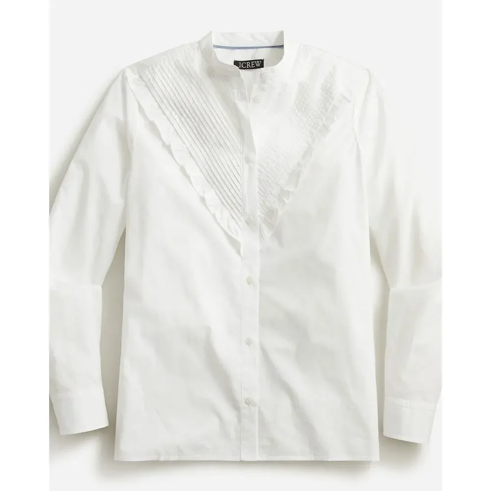 J. Crew Long Sleeve Ruffle-Trim Cotton Poplin Button-Up Shirt White Women Size 8